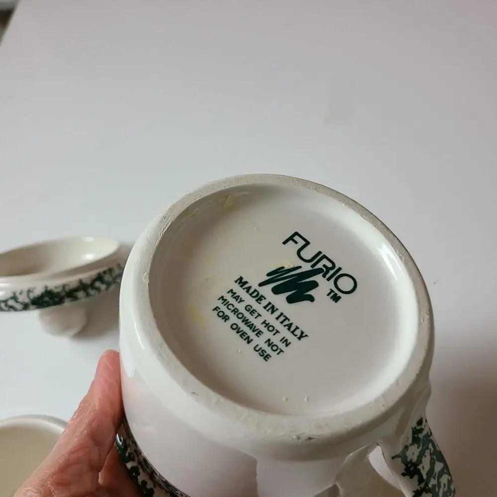 Furio Italy Christmas Tree Sugar Bowl /lid & Creamer Set Vtg Porcelian Pottery